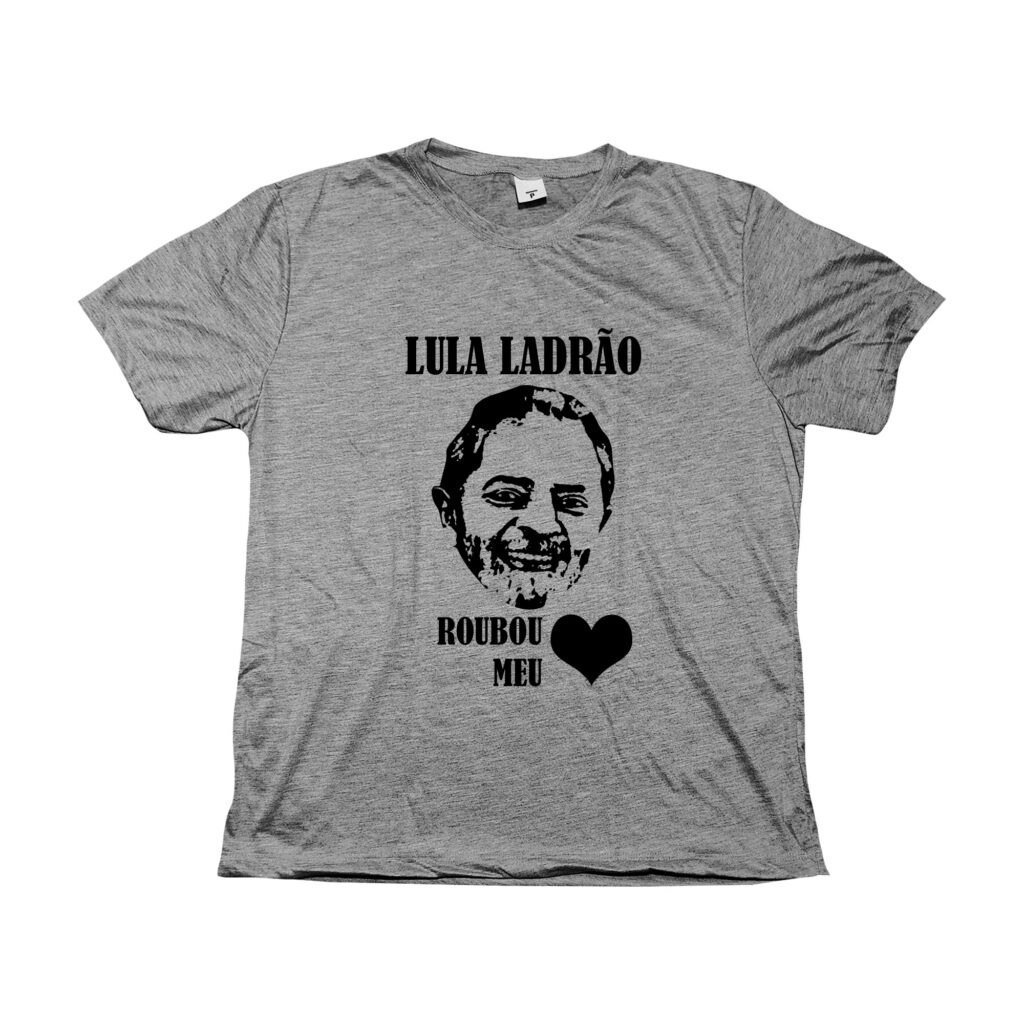Camiseta Lula Roubou Meu Coração – estampa bem-humorada em poliéster.