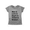 Camiseta com estampa escrita “Marx & Lenin & Engels & Trótski & Gramsci.” em preto