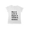 Camiseta com estampa escrita “Marx & Lenin & Engels & Trótski & Gramsci.” em preto