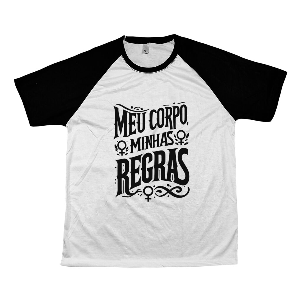 Camiseta Meu Corpo Minhas Regras – estampa feminista em tipografia estilizada.