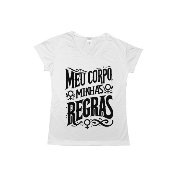 Camiseta Meu Corpo Minhas Regras – estampa feminista em tipografia estilizada.