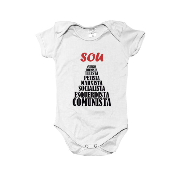 Body Sou Comunista com estampa pirâmide política em ribana e opção camiseta infantil.