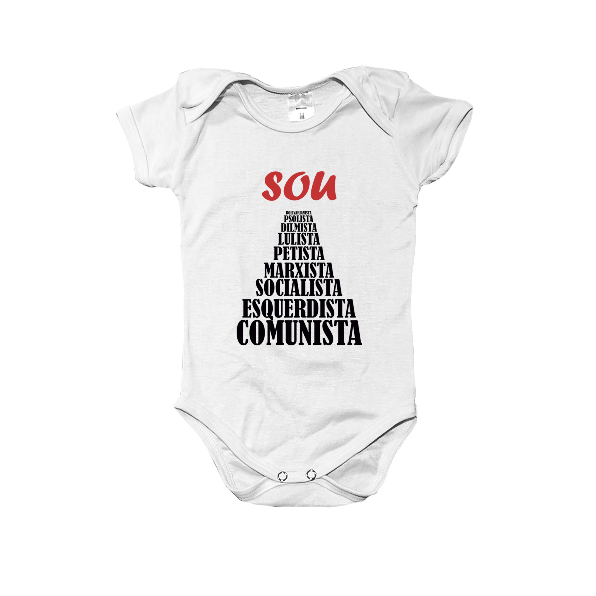 Body Sou Comunista com estampa pirâmide política em ribana e opção camiseta infantil.