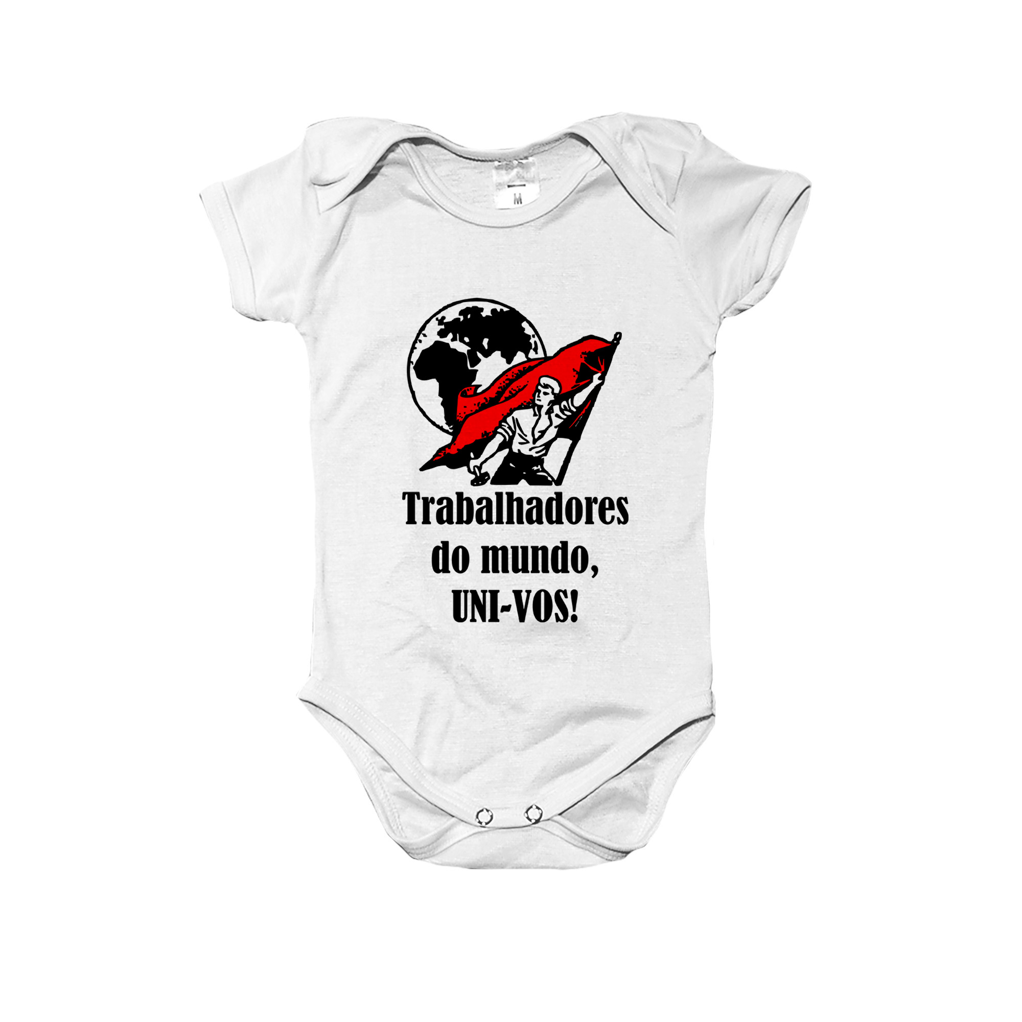 Body Trabalhadores do Mundo Uni-vos com estampa política em ribana e opção camiseta infantil.