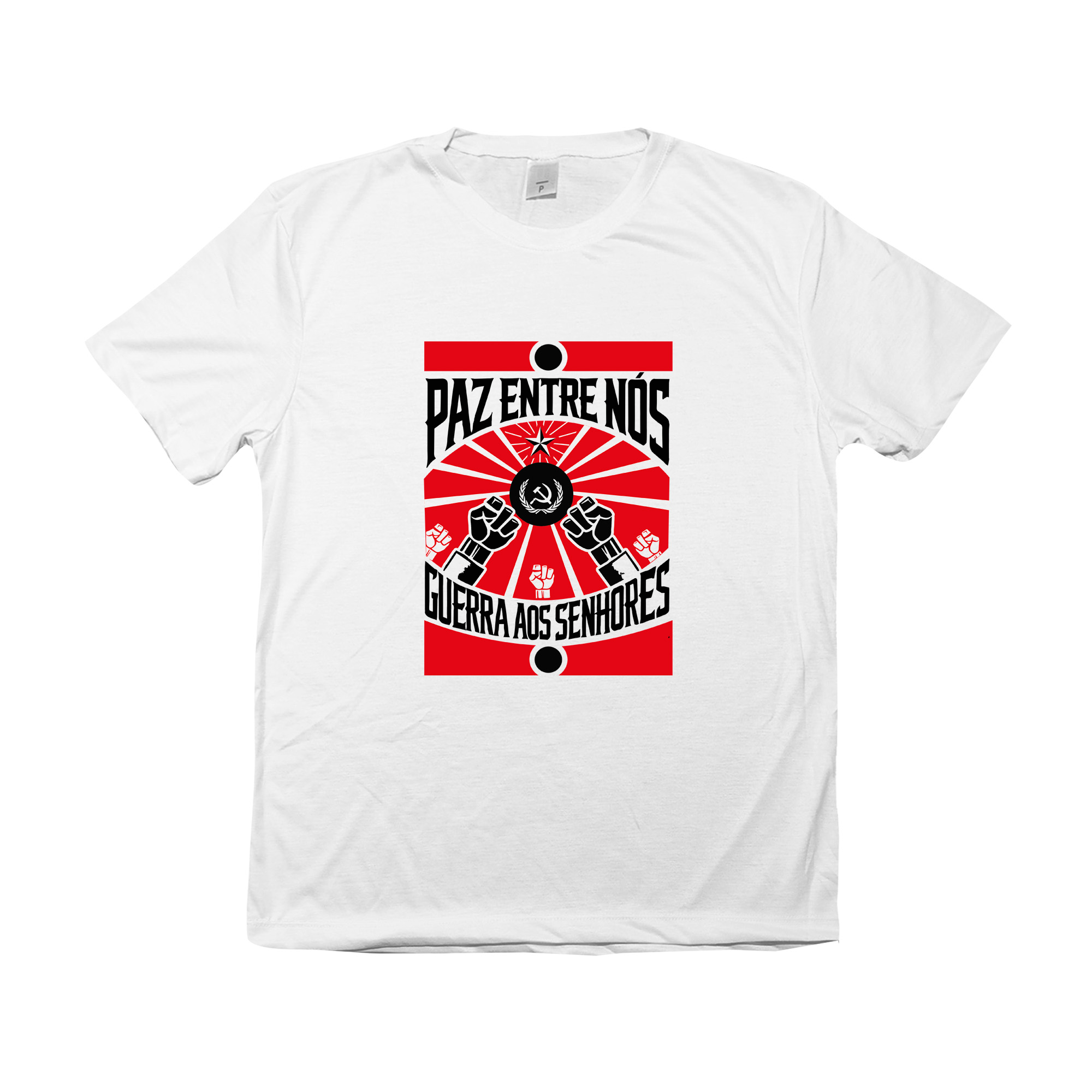 Camiseta Paz entre Nós – estampa revolucionária com punhos erguidos