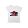 Camiseta Resiliência com punhos erguidos coloridos representando diversidade, luta LGBTQIA+, movimento trans, resistência negra, sindical e feminista
