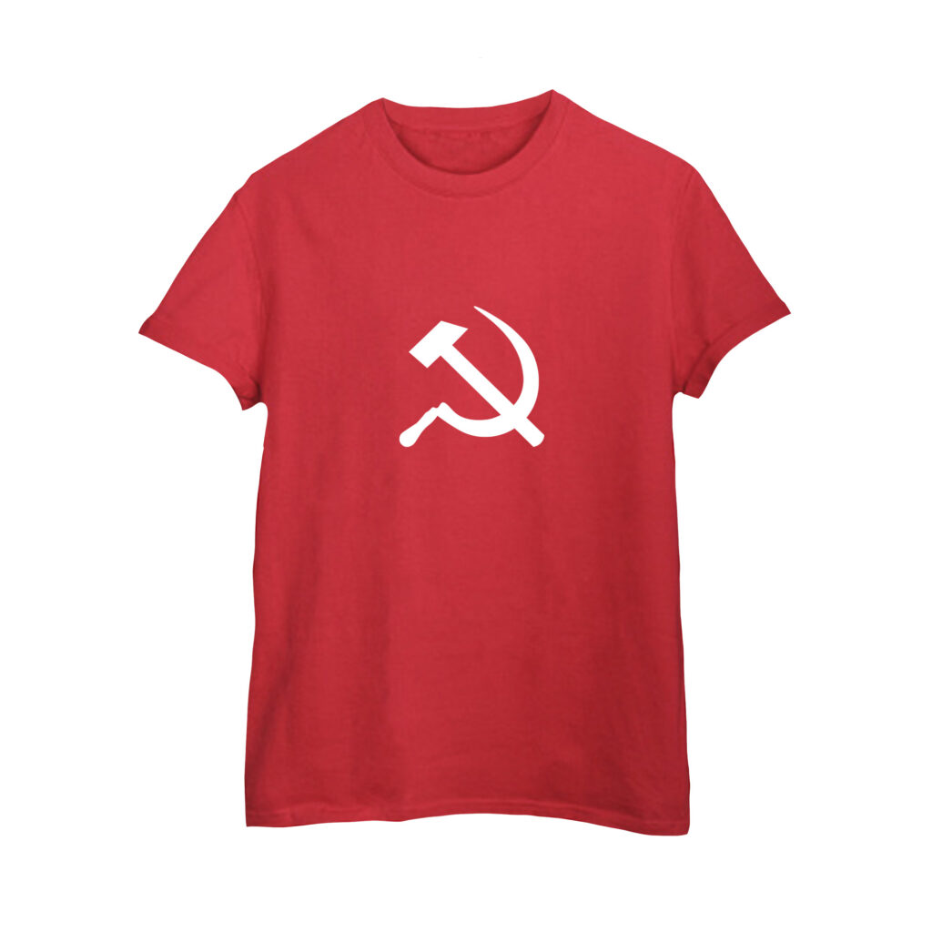 Camiseta de algodão símbolo do comunismo com estampa foice e martelo.