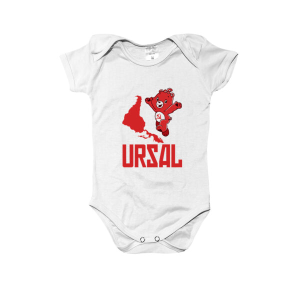 Body URSAL infantil com estampa satírica política em poliéster.
