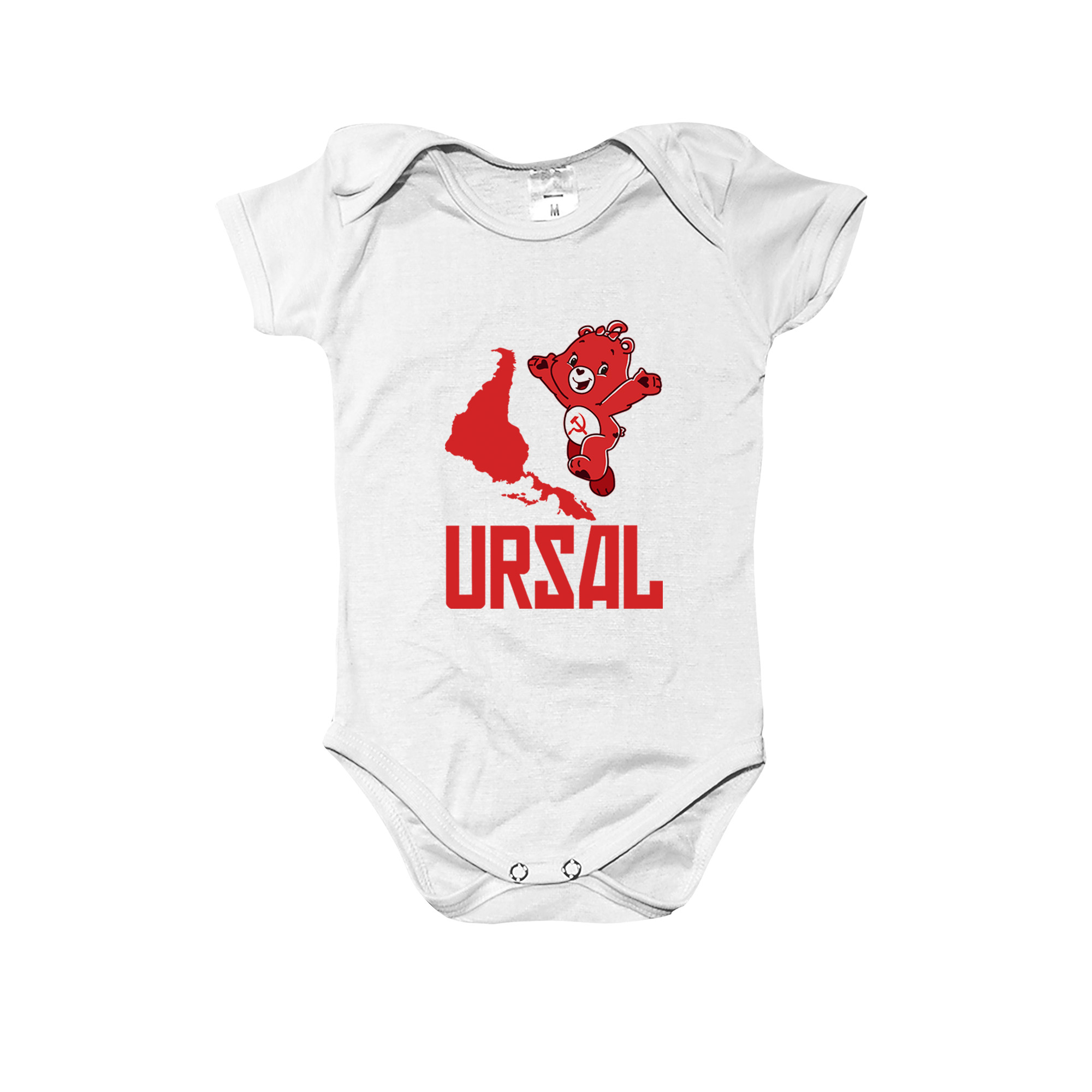 Body URSAL infantil com estampa satírica política em poliéster.