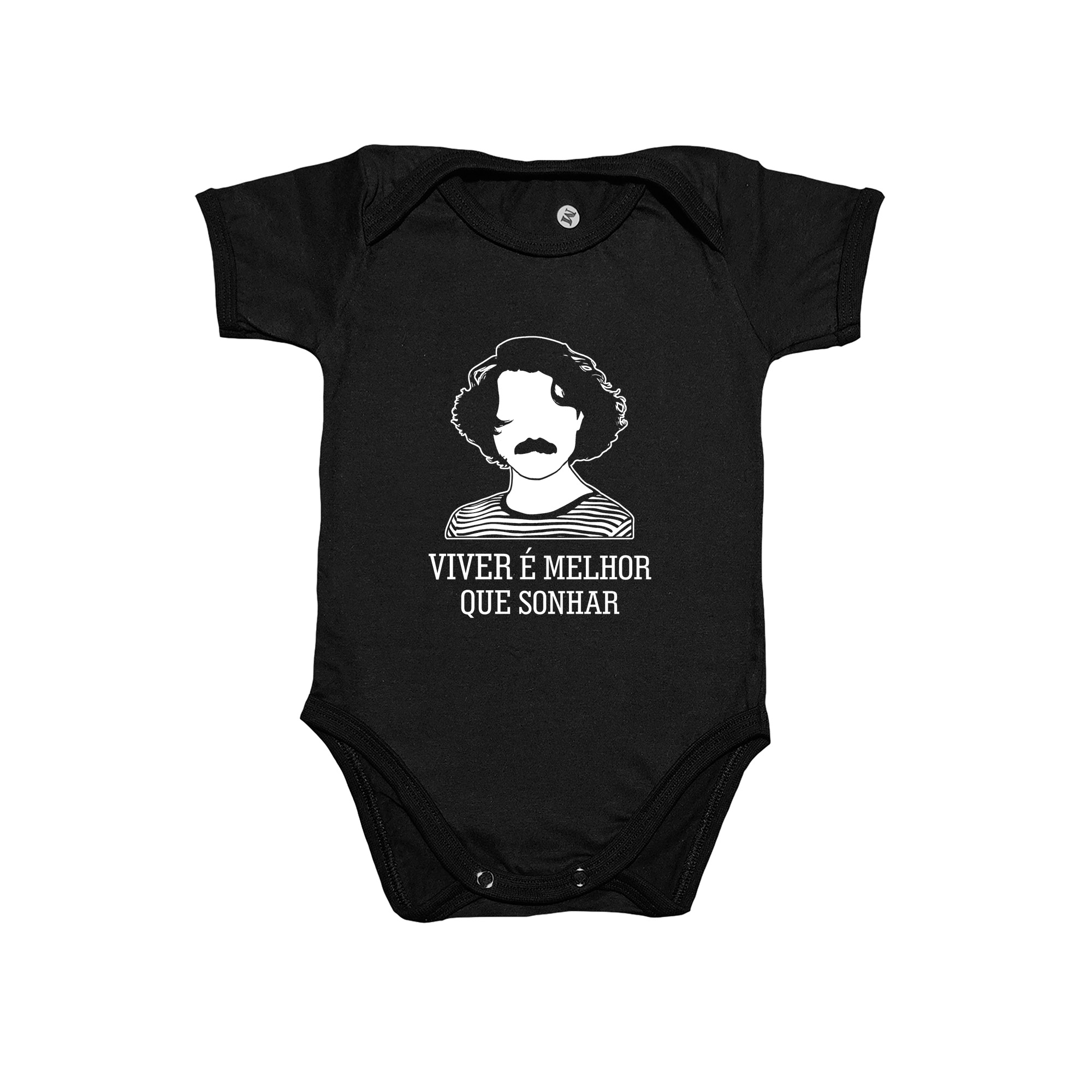 Body infantil de algodão Viver é Melhor que Sonhar com estampa inspirada em Belchior.