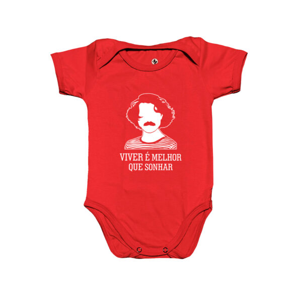 Body infantil de algodão Viver é Melhor que Sonhar com estampa inspirada em Belchior.