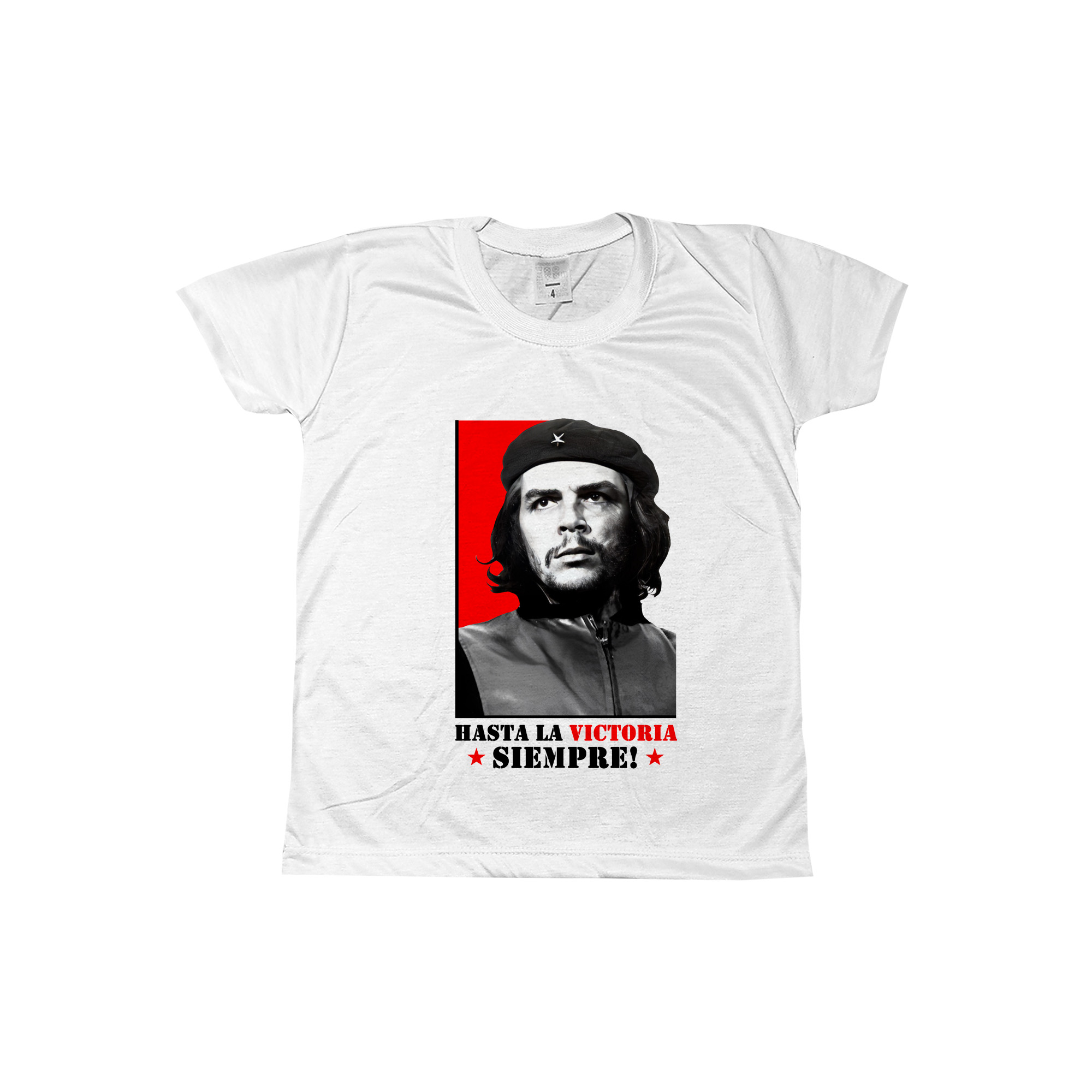 Camiseta de poliéster Che Guevara com frase Hasta la Victoria Siempre em vermelho e preto.