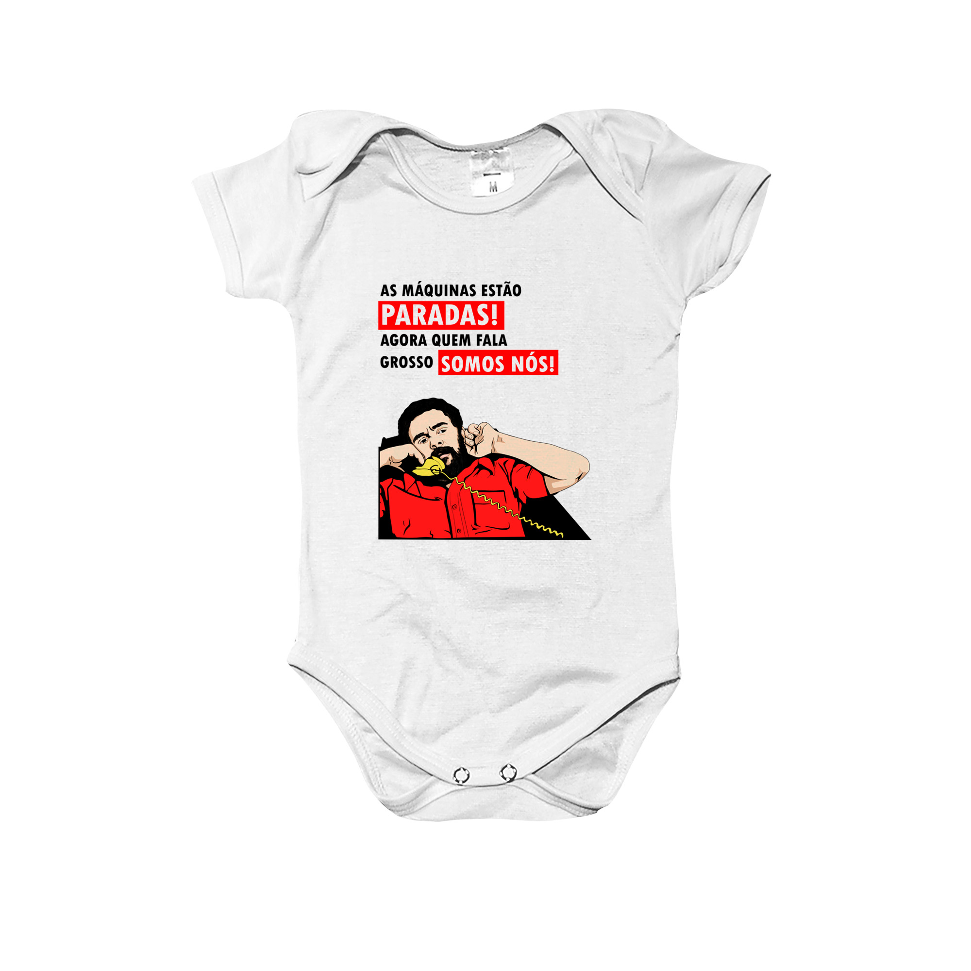 Body infantil Presidente Lula As máquinas estão paradas com frase de luta e estampa ilustrada.