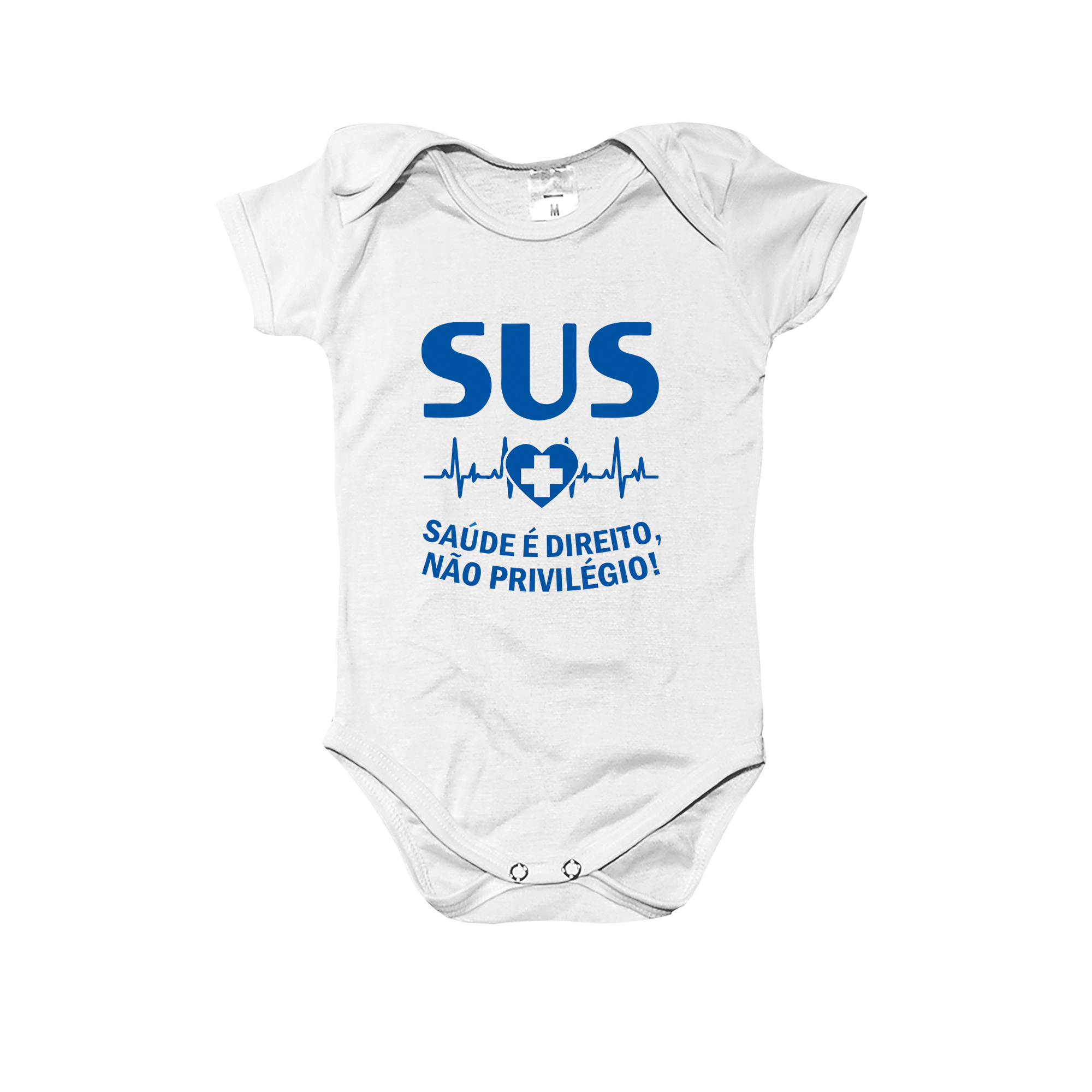 Body e Camiseta Infantil SUS – Saúde é Direito, Não Privilégio! com estampa azul e símbolo do sistema público de saúde.