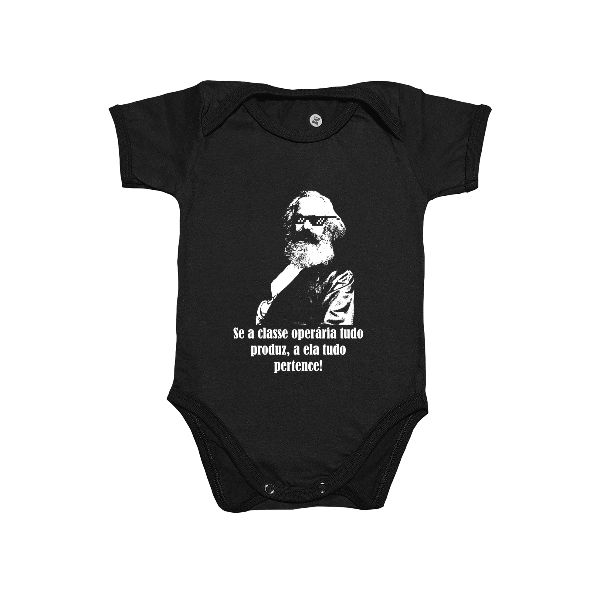 Body de algodão penteado premium com estampa de Karl Marx e a frase Se a classe operária tudo produz, a ela tudo pertence.