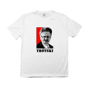 Camiseta de poliéster com estampa de Trótski em arte revolucionária minimalista.