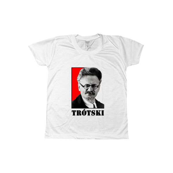 Camiseta de poliéster com estampa de Trótski em arte revolucionária minimalista.