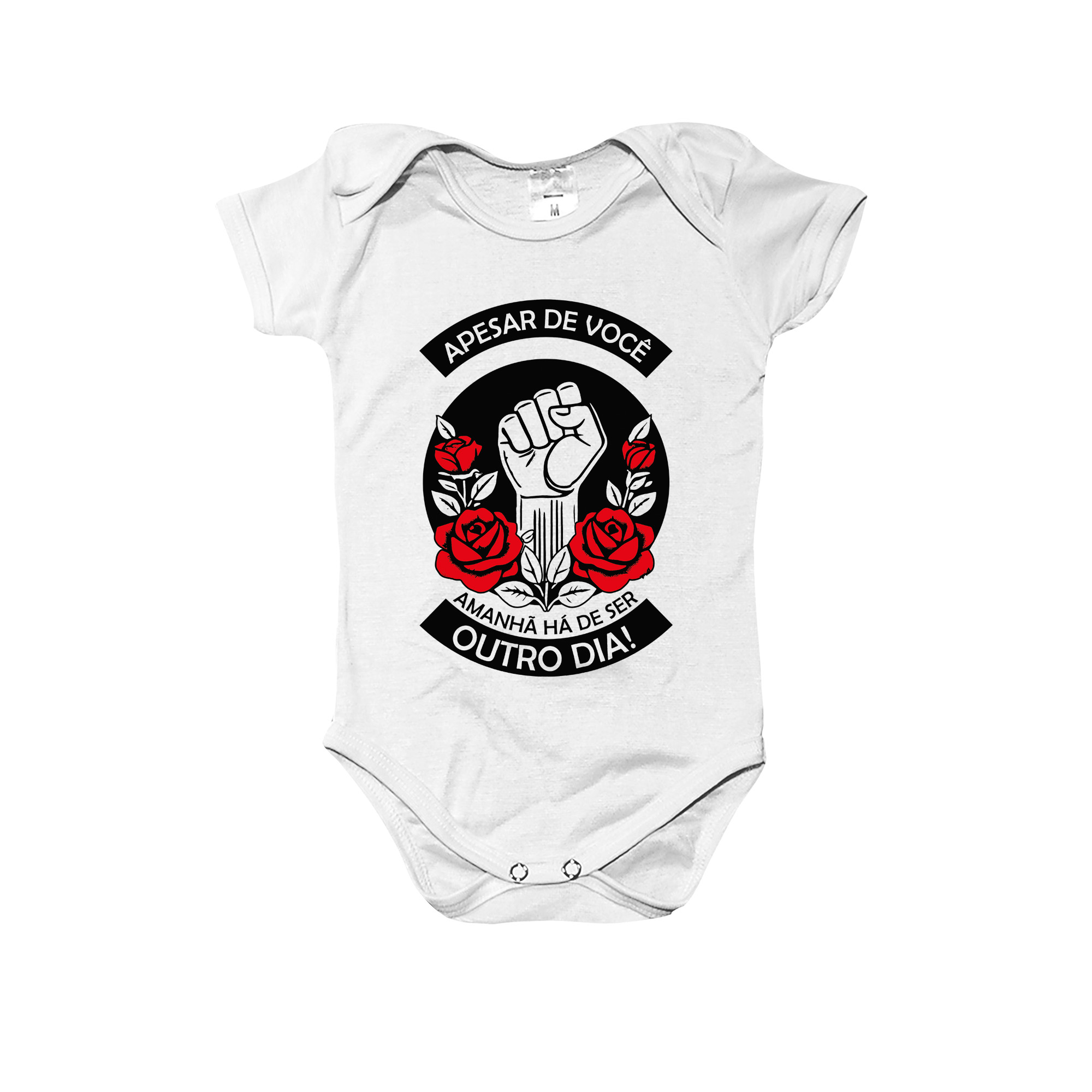 Body ou Camiseta Infantil Apesar de Você – Amanhã Há de Ser Outro Dia, estampa com punho erguido e rosas.