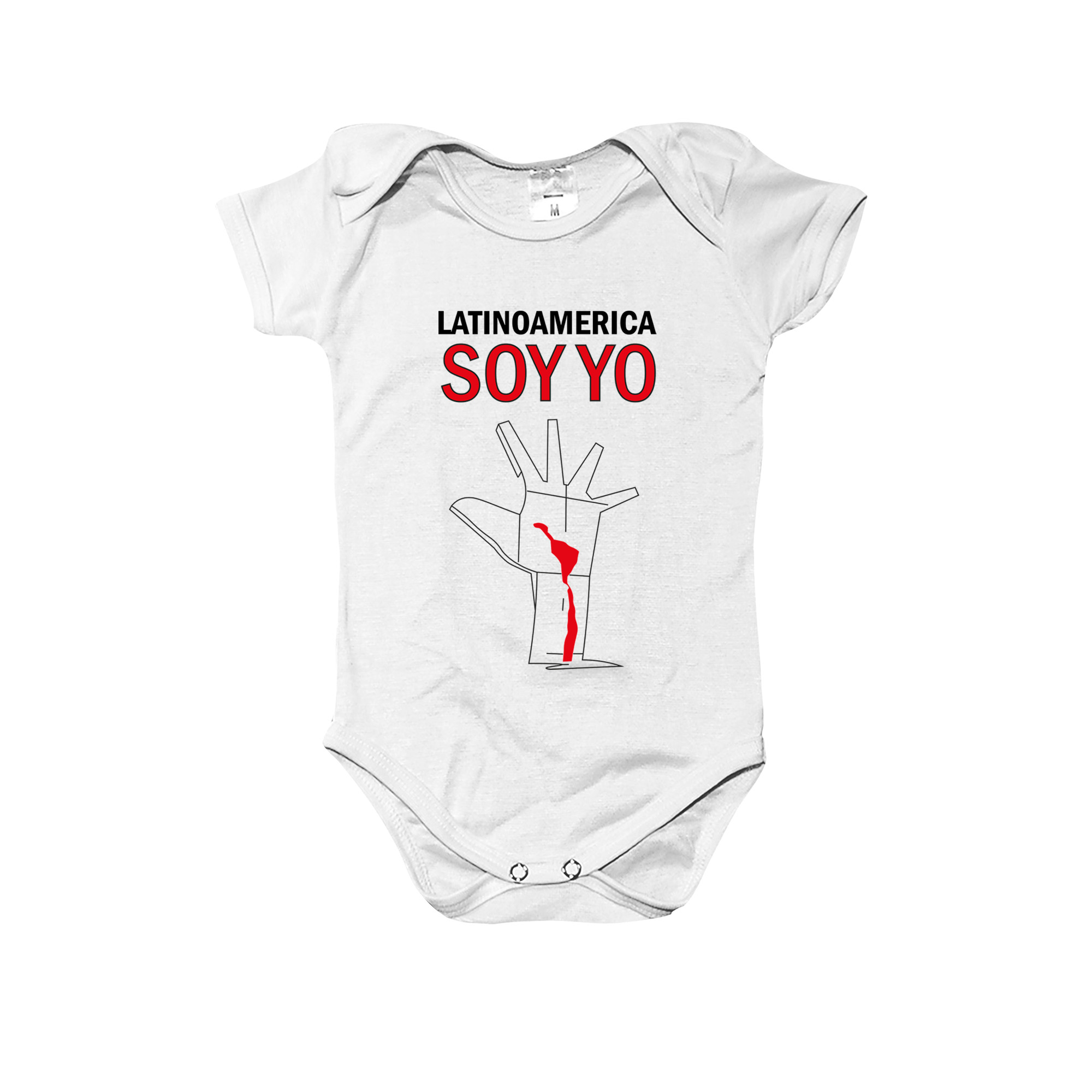 Body infantil Latinoamérica Soy Yo com arte da mão e mapa latino-americano simbolizando união e resistência.