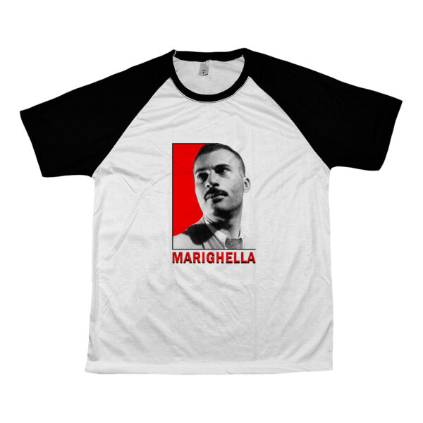 Camiseta Marighella com estampa em destaque e fundo vermelho representando resistência e luta.