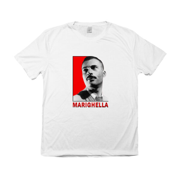 Camiseta Marighella com estampa em destaque e fundo vermelho representando resistência e luta.