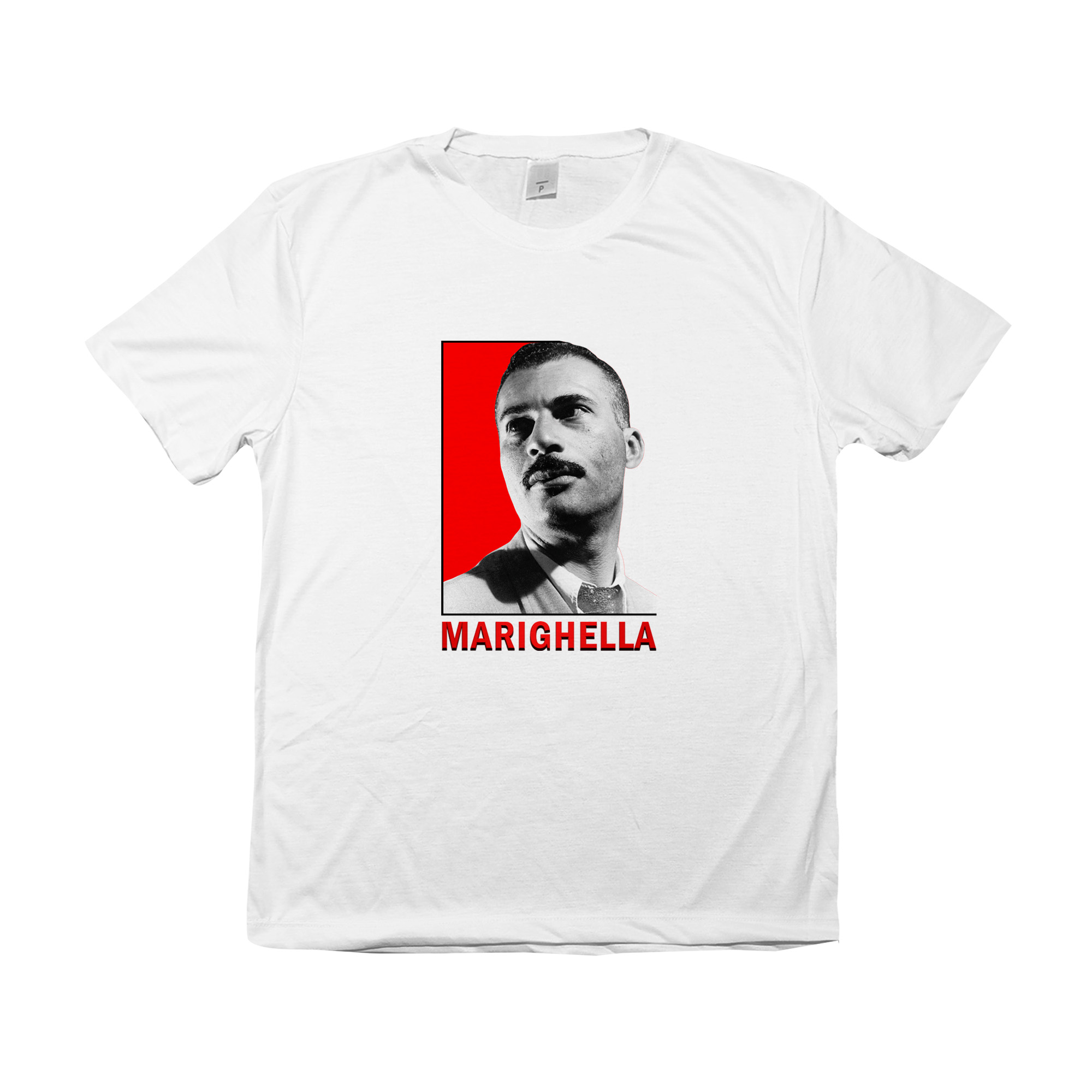 Camiseta Marighella com estampa em destaque e fundo vermelho representando resistência e luta.