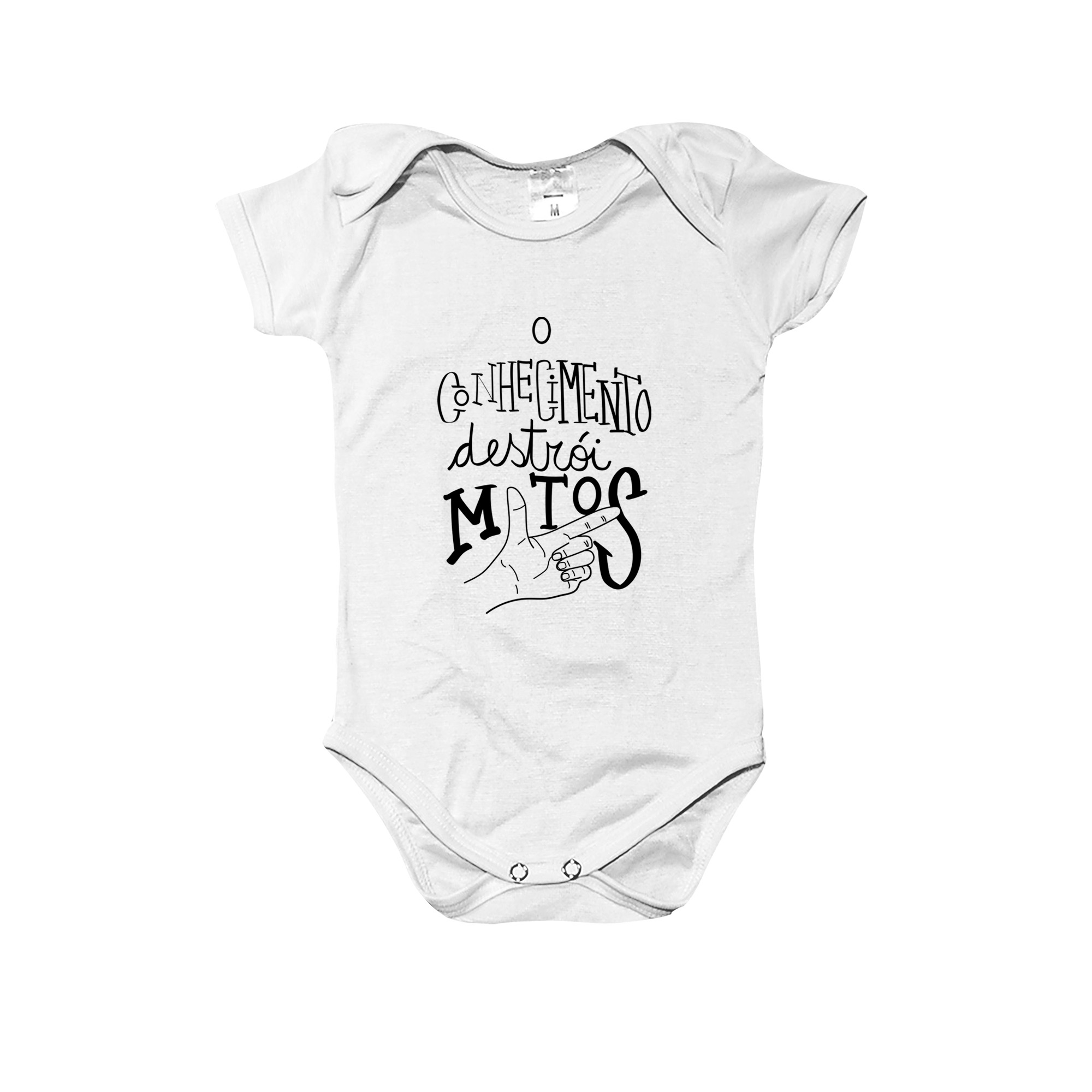 Body infantil de poliéster em ribana com estampa O Conhecimento Destrói Mitos em tipografia artística.