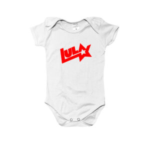 Body Infantil Lula logo antigo em poliéster ribana com estampa vermelha e estrela.