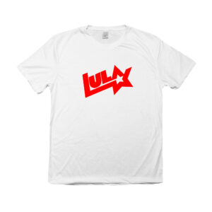 Camiseta Lula logo antigo em poliéster com estampa vermelha e estrela.