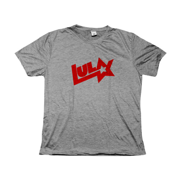 Camiseta Lula logo antigo em poliéster com estampa vermelha e estrela.