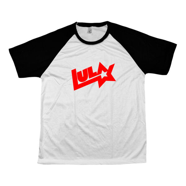 Camiseta Lula logo antigo em poliéster com estampa vermelha e estrela.