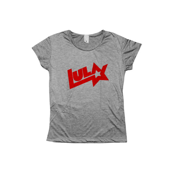 Camiseta Lula logo antigo em poliéster com estampa vermelha e estrela.