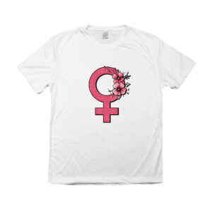 Camiseta Feminismo com Flores – símbolo feminino com flores, estampa representando força e delicadeza.