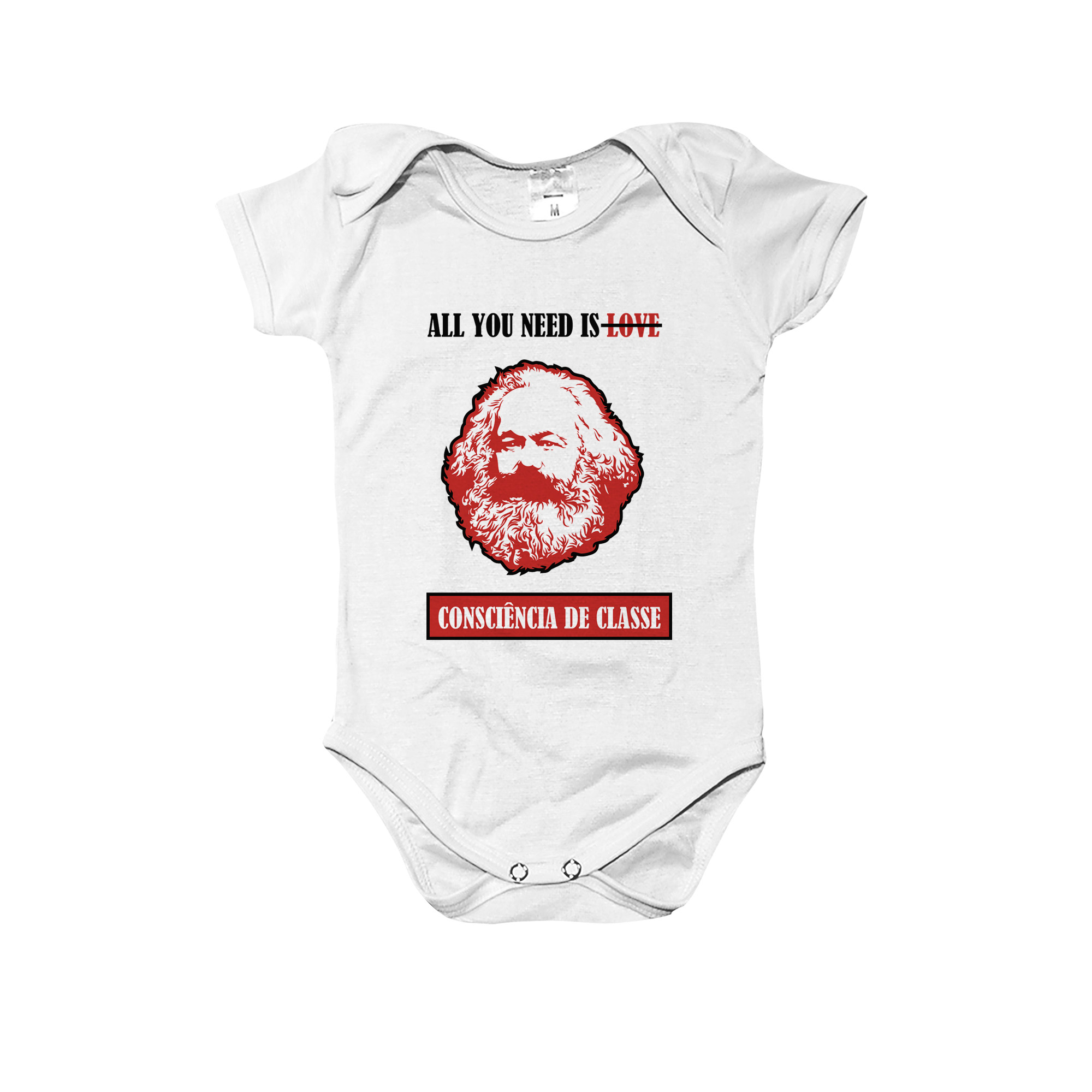 Body infantil Consciência de Classe – estampa com retrato de Karl Marx e frase crítica “All You Need is Consciência de Classe”.