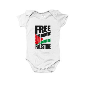 Body infantil Free Palestine – estampa com bandeira estilizada e mensagem de solidariedade ao povo palestino.