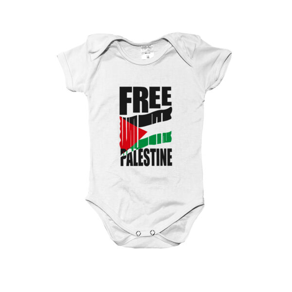 Body infantil Free Palestine – estampa com bandeira estilizada e mensagem de solidariedade ao povo palestino.