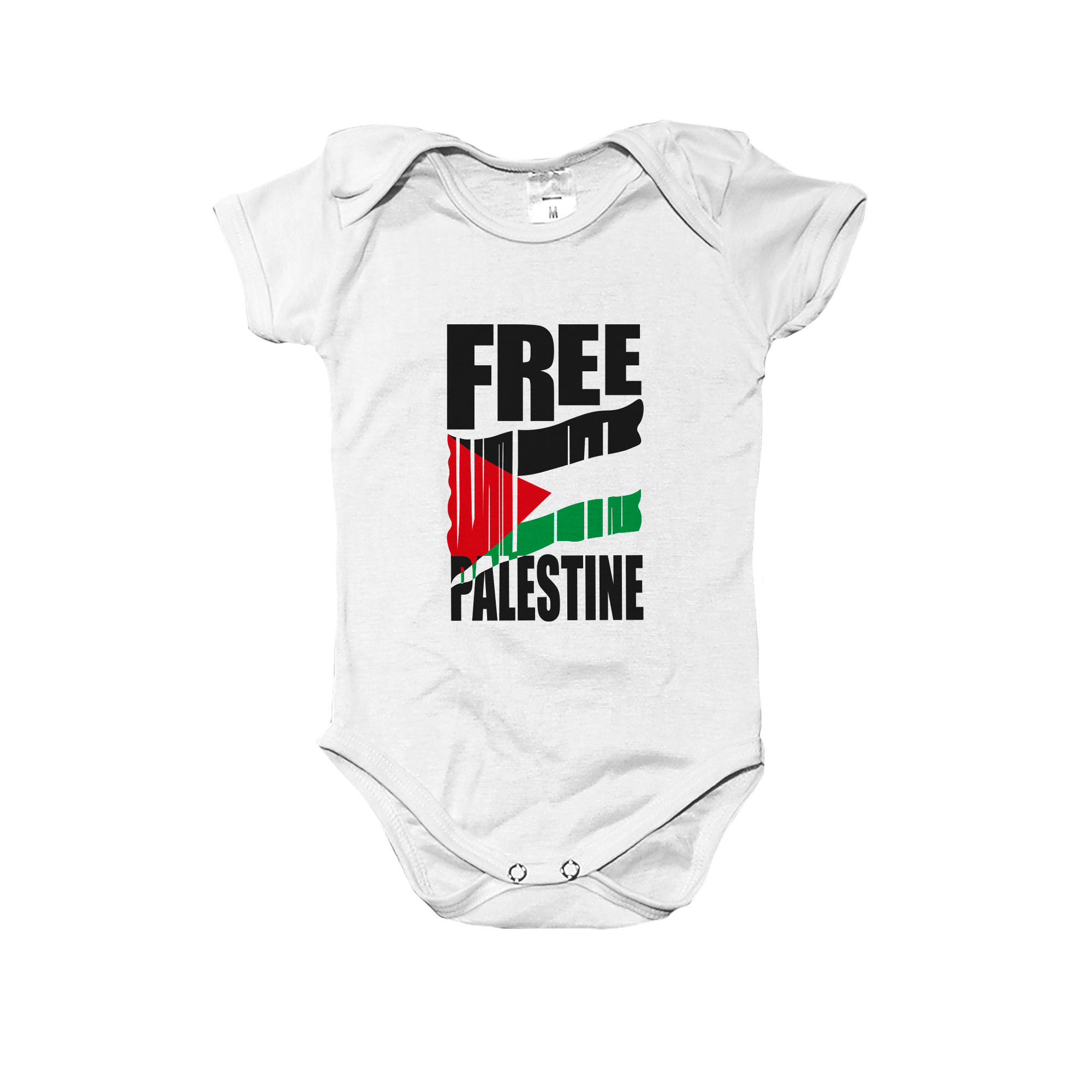 Body infantil Free Palestine – estampa com bandeira estilizada e mensagem de solidariedade ao povo palestino.