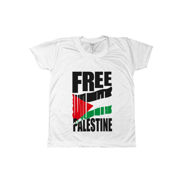 Camiseta Free Palestine – estampa com bandeira estilizada e mensagem de liberdade para o povo palestino.