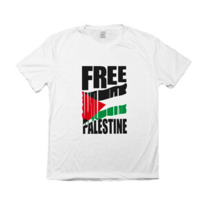 Camiseta Free Palestine – estampa com bandeira estilizada e mensagem de liberdade para o povo palestino.