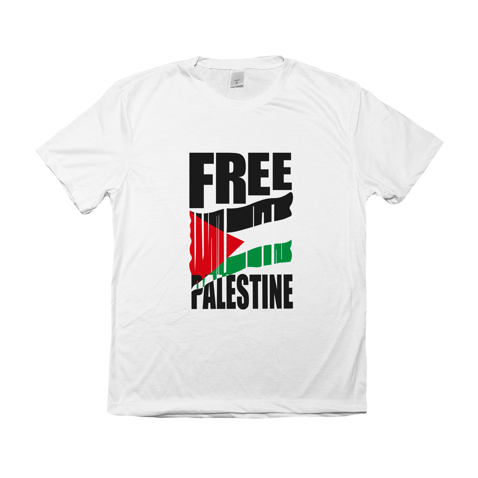 Camiseta Free Palestine – estampa com bandeira estilizada e mensagem de liberdade para o povo palestino.