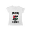 camiseta Palestina Livre com estampa da bandeira palestina e árvore sob o sol nascente.