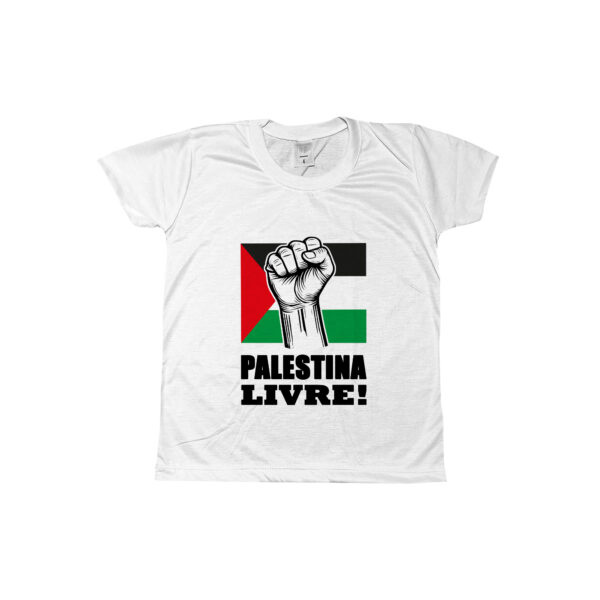 camiseta Palestina Livre – Liberdade para o Povo com estampa da bandeira e punho erguido.