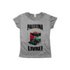 camiseta Palestina Livre com estampa da bandeira palestina e árvore sob o sol nascente.