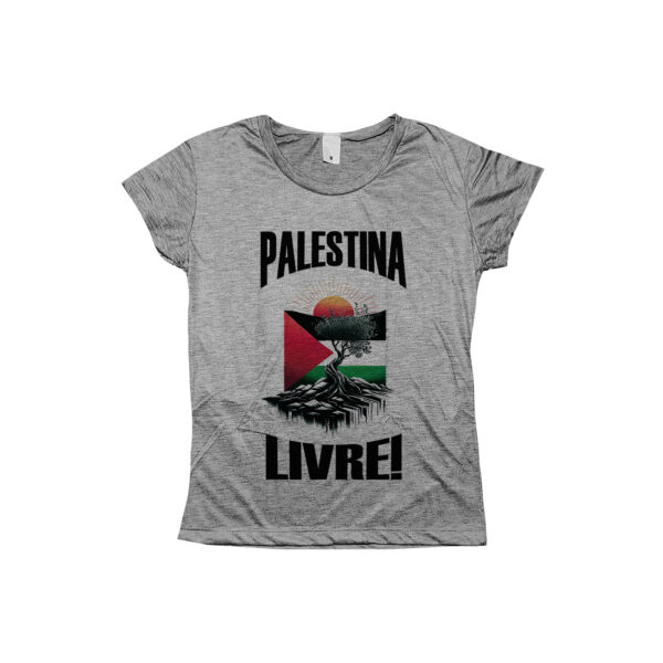 camiseta Palestina Livre com estampa da bandeira palestina e árvore sob o sol nascente.
