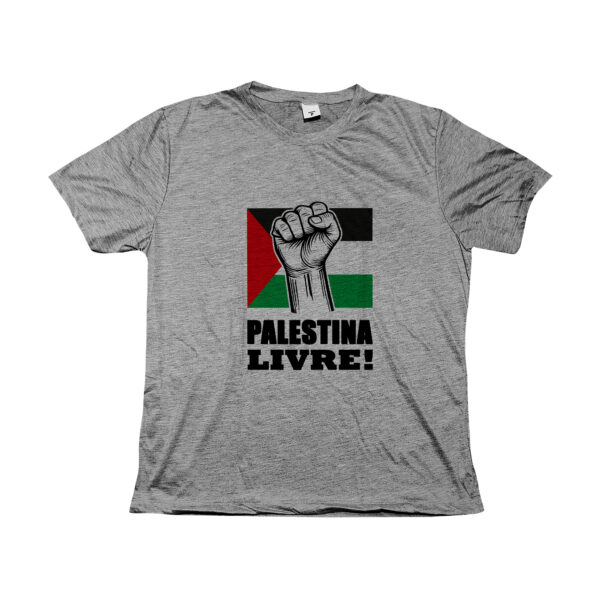 camiseta Palestina Livre – Liberdade para o Povo com estampa da bandeira e punho erguido.