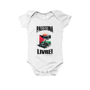 body infantil Palestina Livre em poliéster com estampa da bandeira palestina e oliveira