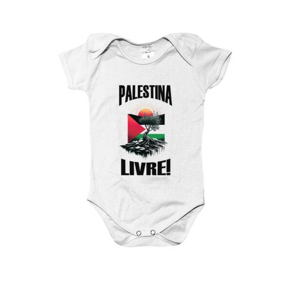 body infantil Palestina Livre em poliéster com estampa da bandeira palestina e oliveira
