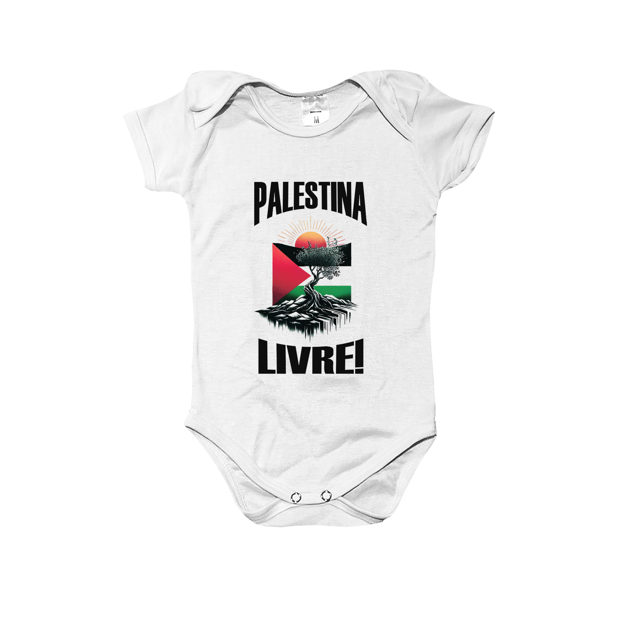 body infantil Palestina Livre em poliéster com estampa da bandeira palestina e oliveira