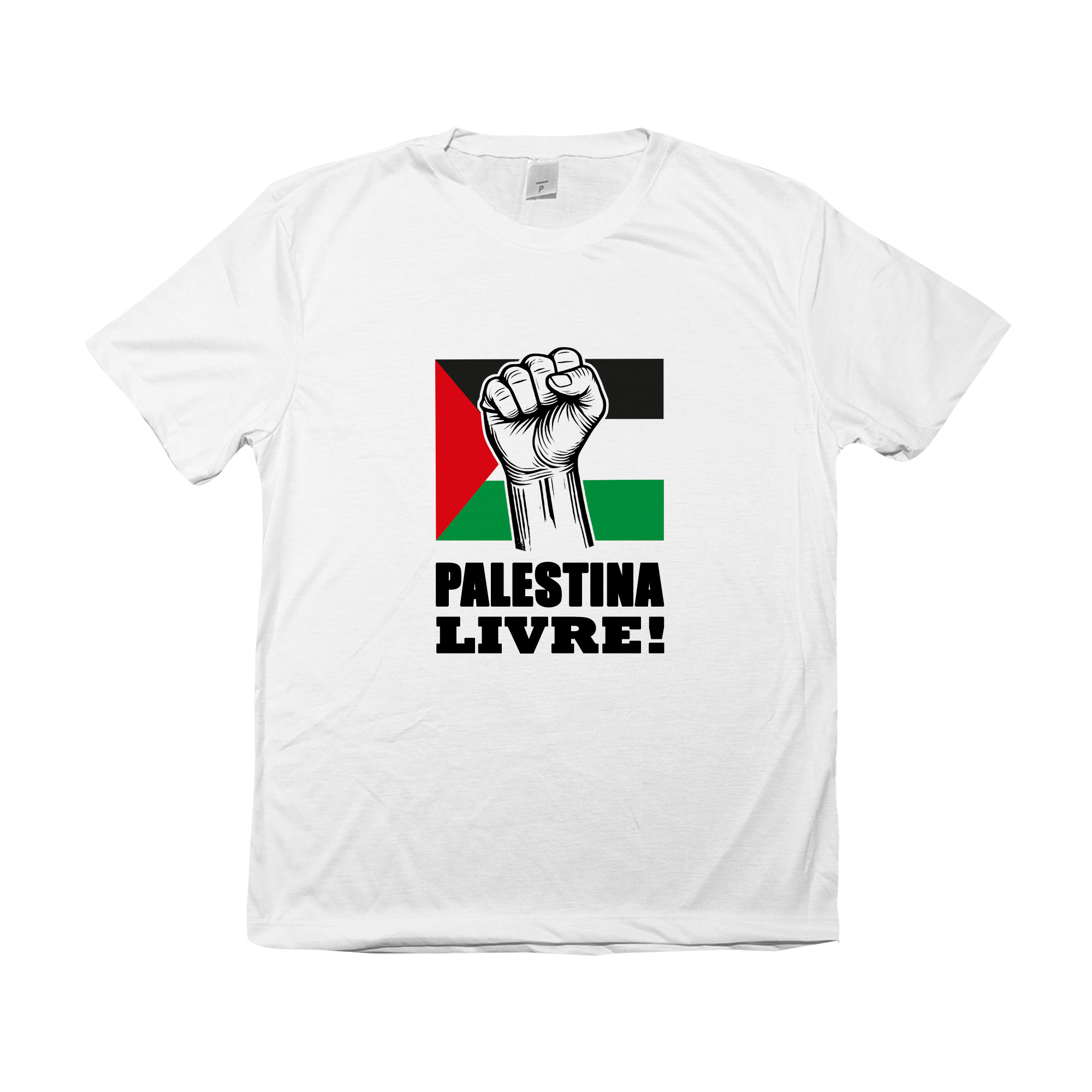 camiseta Palestina Livre – Liberdade para o Povo com estampa da bandeira e punho erguido.