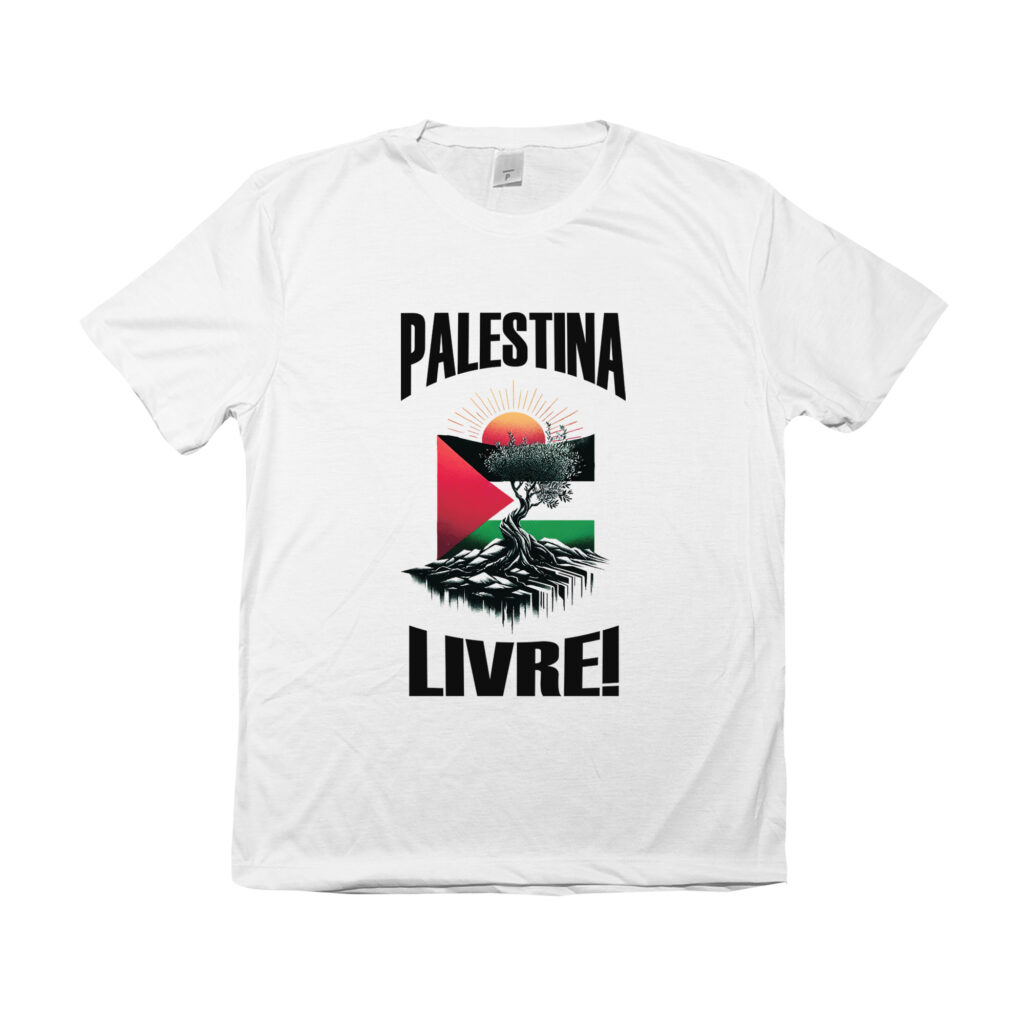 camiseta Palestina Livre com estampa da bandeira palestina e árvore sob o sol nascente.